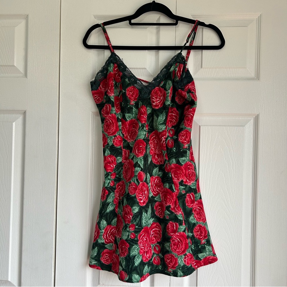 Vintage Victoria's Secret Gold Label Green Red Rose Slip Dress Size Large